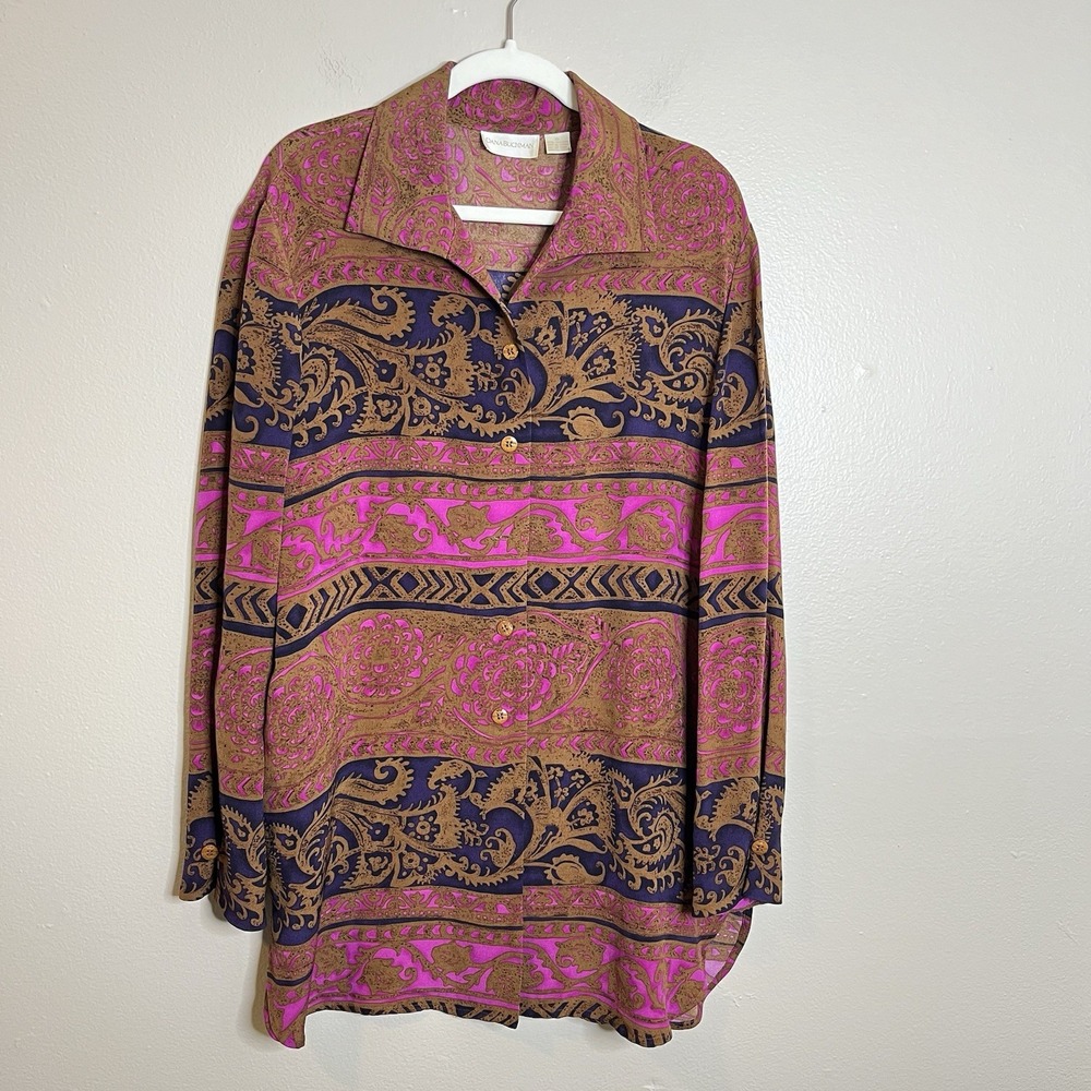 Vtg Dana Buchman Silk Blouse Button Up 12 Lagenlook Tunic Pink Brown Boho Artsy